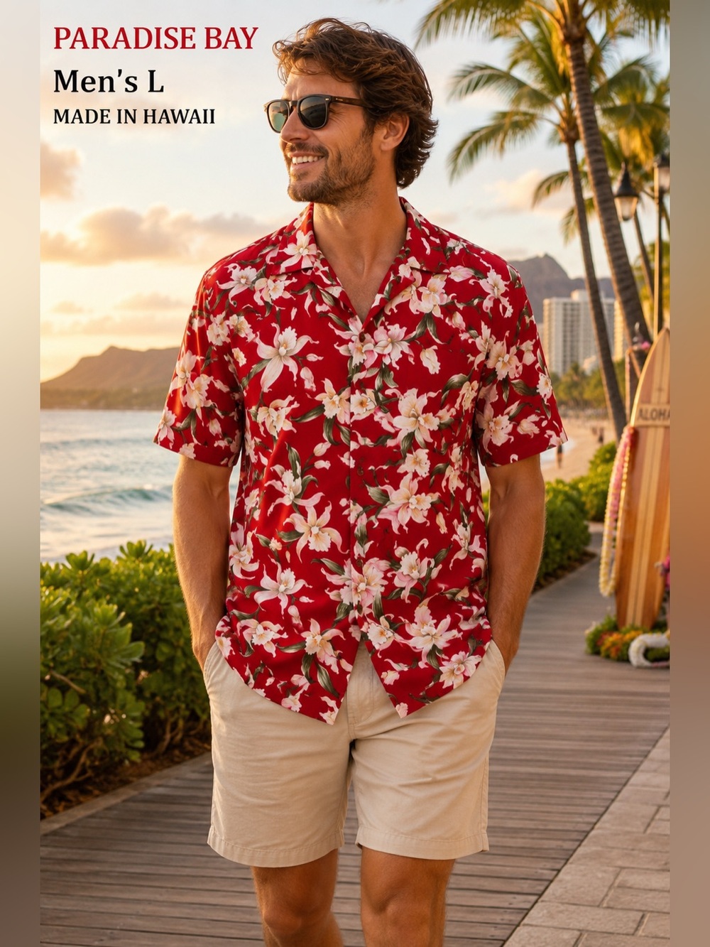 Paradise Bay Hawaiian Shirt Men sz Large Hawaii Rayon Tropical Floral red white